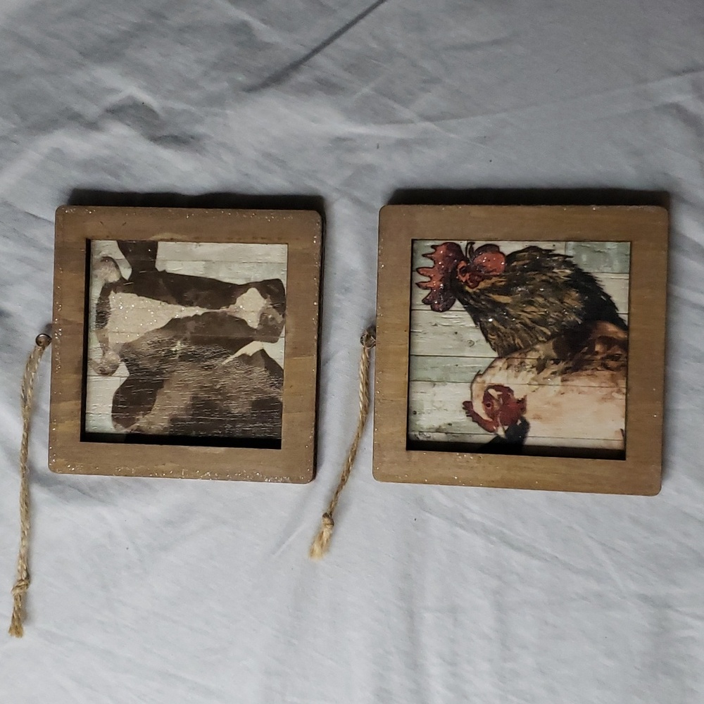 Kurt Adler Cow and Rooster Wooden Christmas Ornaments Wall Decor